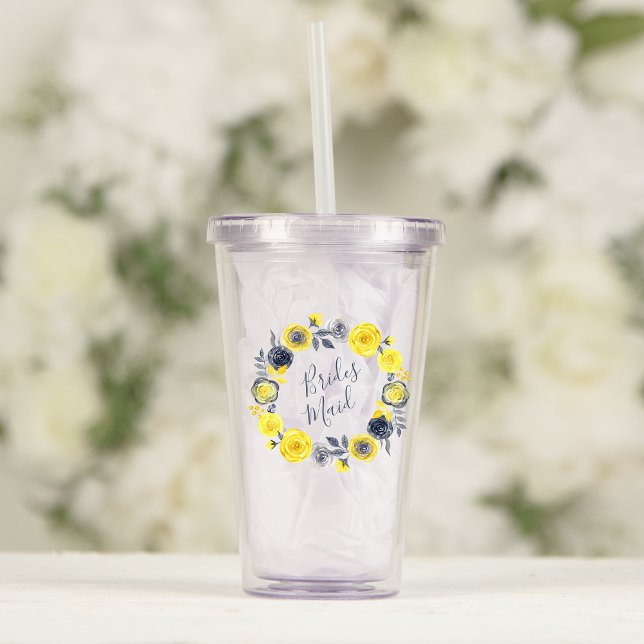 Vattenfärg Gul Grå Blommig Krans Bröllop Take Away Mugg (Skapare uppladdad)