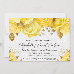 Vattenfärg Gul och Guld Blommor Sweet Sixteen Inbjudningar
