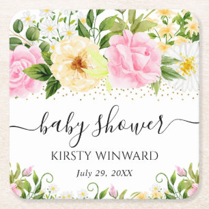 Vattenfärg Gul och Rosa Blommor Bebis Shower Underlägg Papper Kvadrat