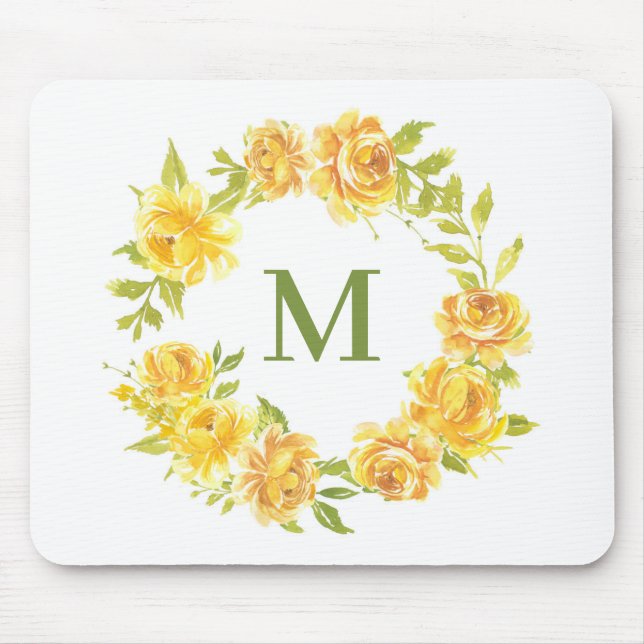 Vattenfärg Gul ros Blommigt  Utandning Monogram Musmatta (Framsidan)