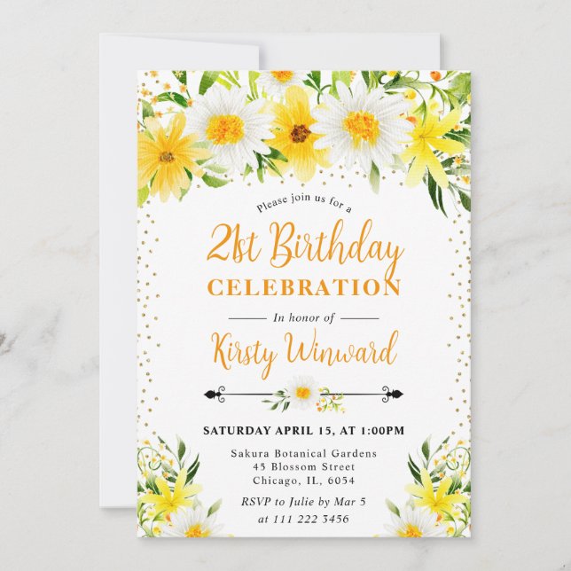 Vattenfärg Gula blommor och Daisy 21:a födelsedag Inbjudningar (Framsida)