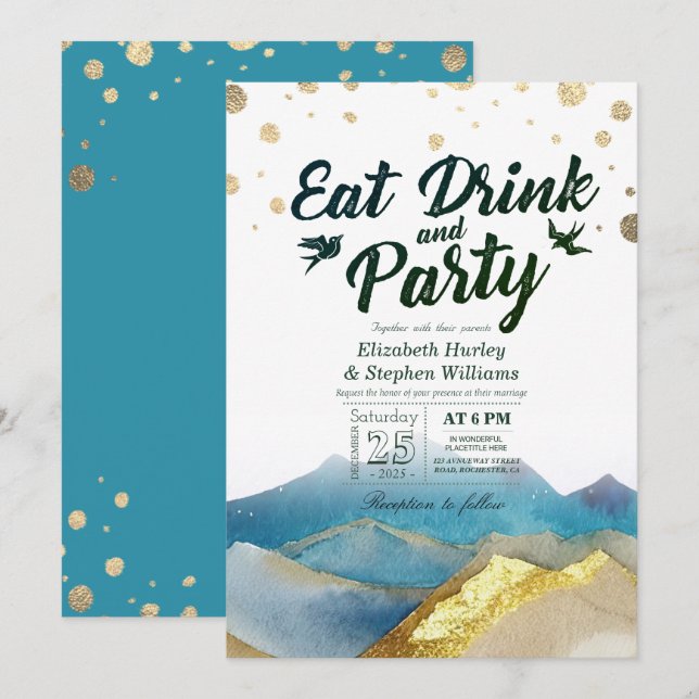 Vattenfärg Guld Berg EAT Dryck & Party Bröllop Inbjudningar (Fram/baksida)
