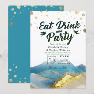Vattenfärg Guld Berg EAT Dryck & Party Bröllop Inbjudningar