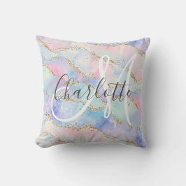 Vattenfärg guld glitter agate monogram kudde