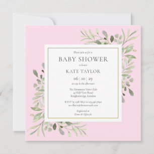 Vattenfärg Guld Grönska Rosa Babyflicka Babyshower Inbjudningar