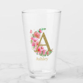 Vattenfärg Guld och Blommig Monogram Bokstav A Glaskopp