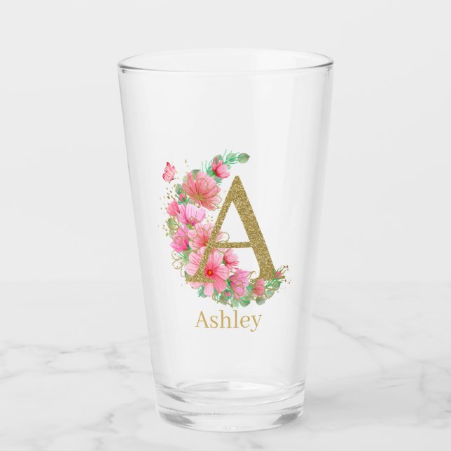 Vattenfärg Guld och Blommig Monogram Bokstav A Glaskopp (Framsida)