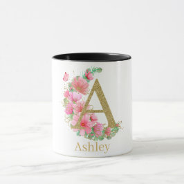Vattenfärg Guld och Blommig Monogram Bokstav A Mugg