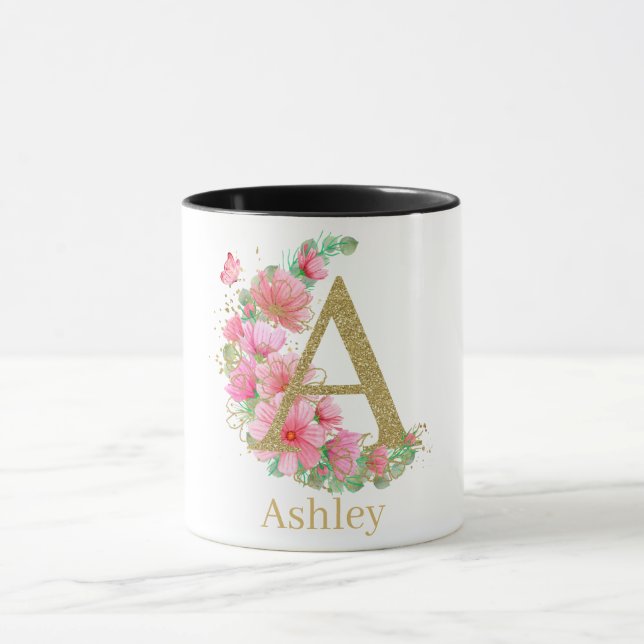 Vattenfärg Guld och Blommig Monogram Bokstav A Mugg (Center)
