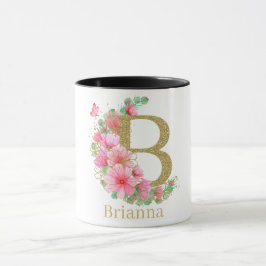 Vattenfärg Guld och Blommig Monogram Bokstav B Mugg
