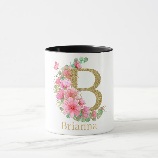 Vattenfärg Guld och Blommig Monogram Bokstav B Mugg (Center)