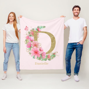 Vattenfärg Guld och Blommig Monogram Bokstav D Fleecefilt