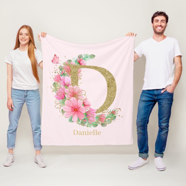 Vattenfärg Guld och Blommig Monogram Bokstav D Fleecefilt (På plats)
