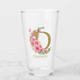 Vattenfärg Guld och Blommig Monogram Bokstav D Glaskopp