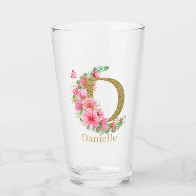 Vattenfärg Guld och Blommig Monogram Bokstav D Glaskopp (Framsida)