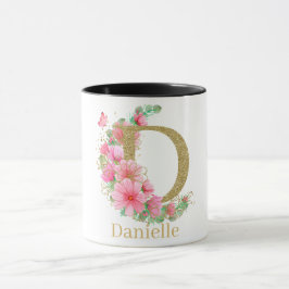 Vattenfärg Guld och Blommig Monogram Bokstav D Mugg