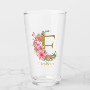 Vattenfärg Guld och Blommig Monogram Bokstav E Glaskopp
