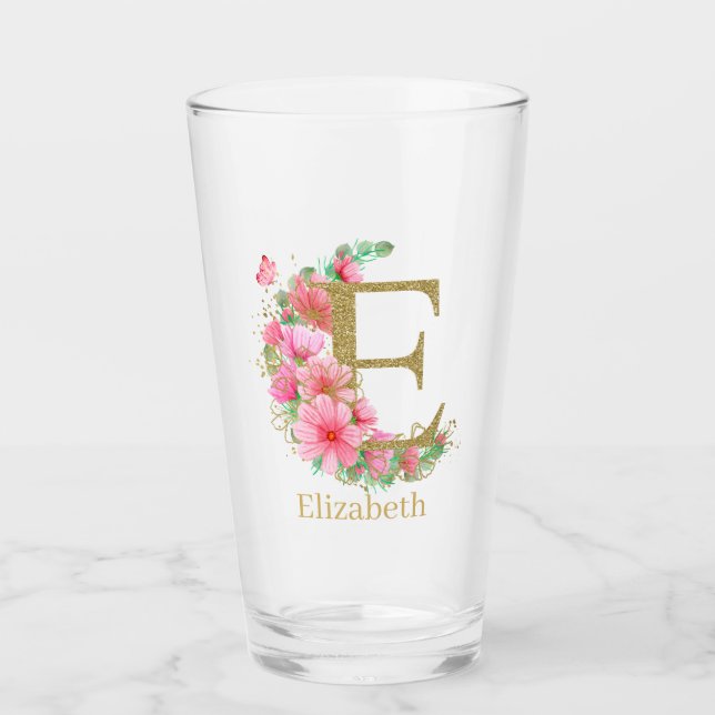 Vattenfärg Guld och Blommig Monogram Bokstav E Glaskopp (Framsida)
