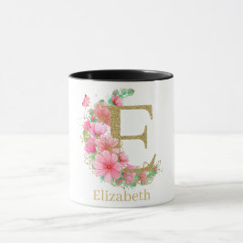 Vattenfärg Guld och Blommig Monogram Bokstav E Mugg