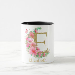 Vattenfärg Guld och Blommig Monogram Bokstav E Mugg