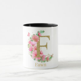 Vattenfärg Guld och Blommig Monogram Bokstav F Mugg