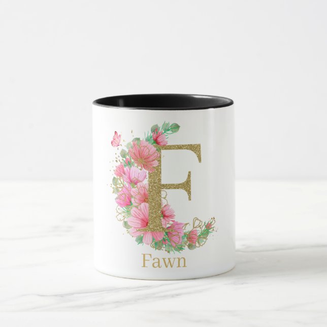 Vattenfärg Guld och Blommig Monogram Bokstav F Mugg (Center)
