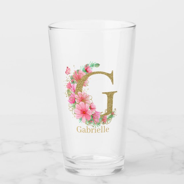 Vattenfärg Guld och Blommig Monogram Bokstav G Glaskopp (Framsida)