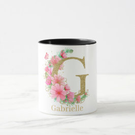 Vattenfärg Guld och Blommig Monogram Bokstav G Mugg