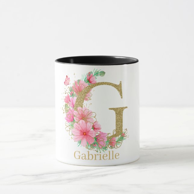 Vattenfärg Guld och Blommig Monogram Bokstav G Mugg (Center)