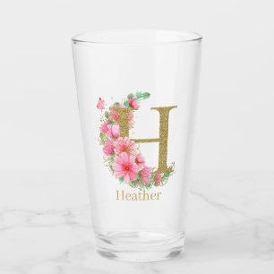 Vattenfärg Guld och Blommig Monogram Bokstav H Glaskopp