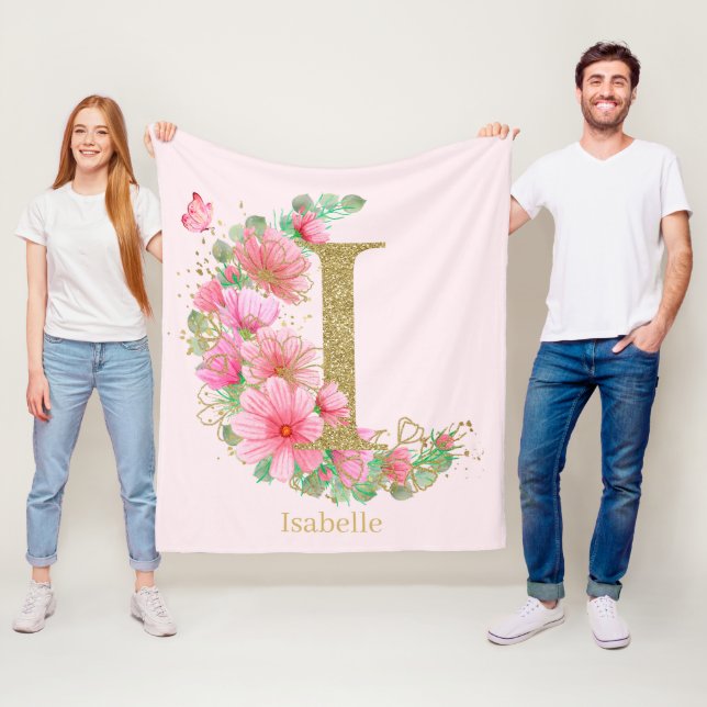 Vattenfärg Guld och Blommig Monogram Bokstav I Fleecefilt (På plats)