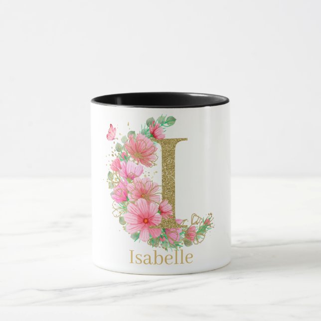 Vattenfärg Guld och Blommig Monogram Bokstav I Mugg (Center)