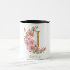 Vattenfärg Guld och Blommig Monogram Bokstav J Mugg