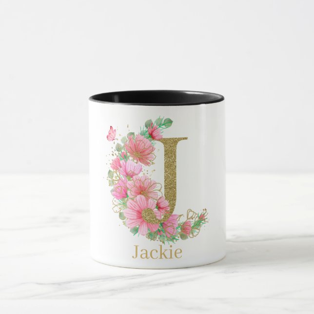 Vattenfärg Guld och Blommig Monogram Bokstav J Mugg (Center)