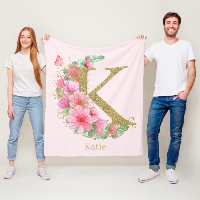 Vattenfärg Guld och Blommig Monogram Bokstav K Fleecefilt (På plats)