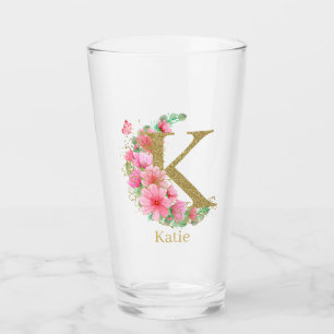 Vattenfärg Guld och Blommig Monogram Bokstav K Glaskopp