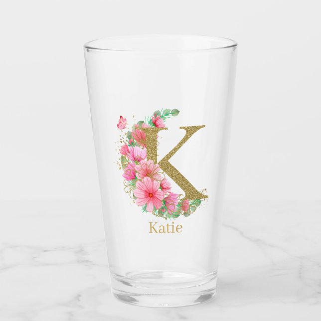 Vattenfärg Guld och Blommig Monogram Bokstav K Glaskopp (Framsida)