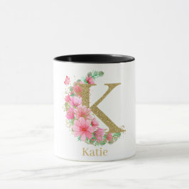 Vattenfärg Guld och Blommig Monogram Bokstav K Mugg