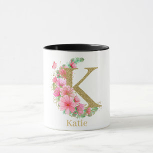 Vattenfärg Guld och Blommig Monogram Bokstav K Mugg