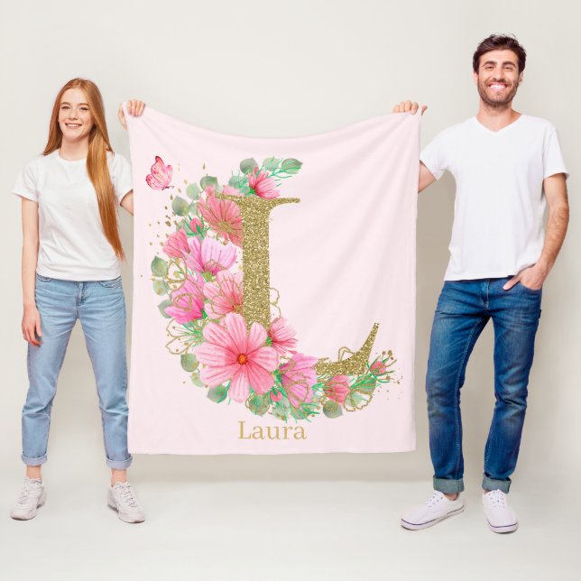 Vattenfärg Guld och Blommig Monogram Bokstav L Fleecefilt (På plats)