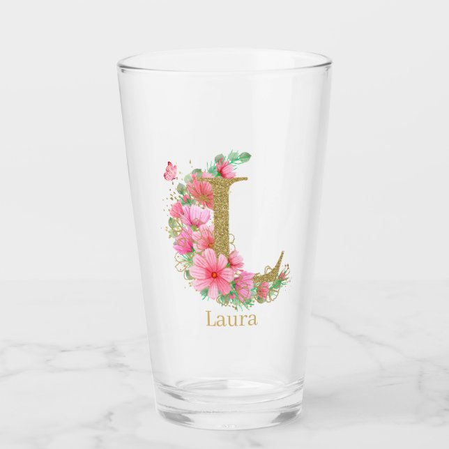 Vattenfärg Guld och Blommig Monogram Bokstav L Glaskopp (Framsida)
