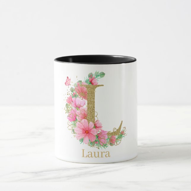 Vattenfärg Guld och Blommig Monogram Bokstav L Mugg (Center)