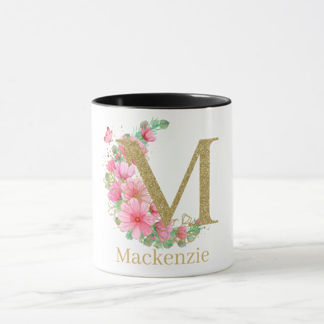 Vattenfärg Guld och Blommig Monogram Bokstav M Mugg (Center)