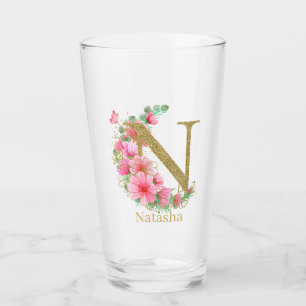 Vattenfärg Guld och Blommig Monogram Bokstav N Glaskopp