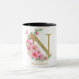 Vattenfärg Guld och Blommig Monogram Bokstav N Mugg