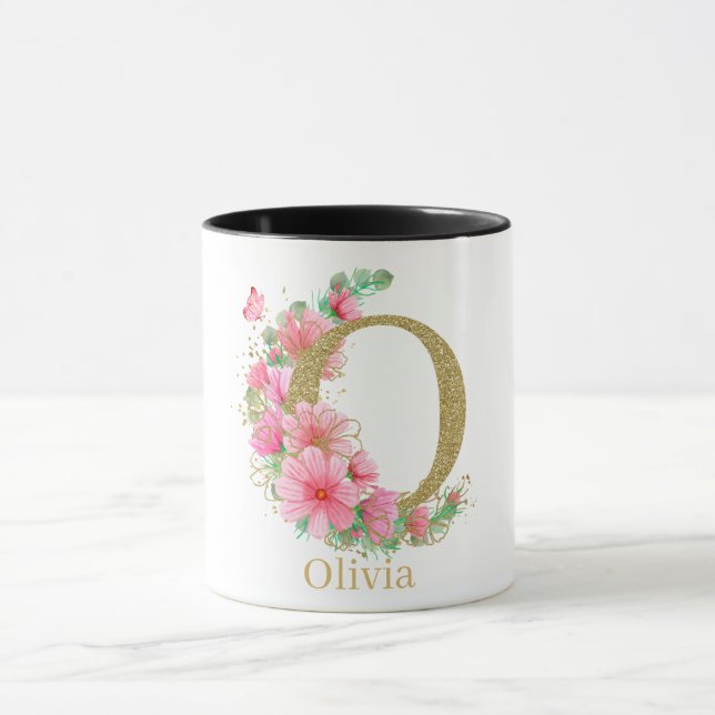 Vattenfärg Guld och Blommig Monogram Bokstav O Mugg (Center)