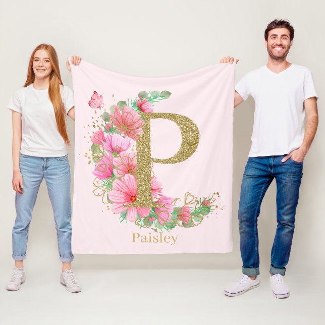 Vattenfärg Guld och Blommig Monogram Bokstav P Fleecefilt (På plats)