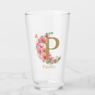 Vattenfärg Guld och Blommig Monogram Bokstav P Glaskopp
