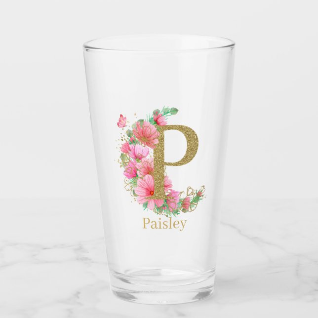 Vattenfärg Guld och Blommig Monogram Bokstav P Glaskopp (Framsida)