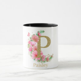 Vattenfärg Guld och Blommig Monogram Bokstav P Mugg